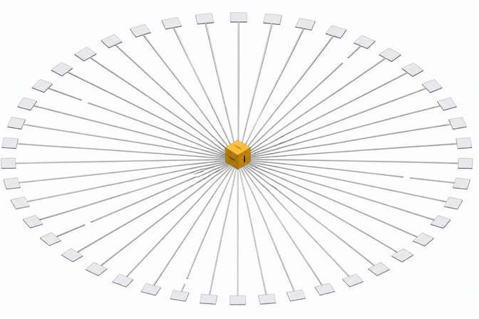 A central filtering cube governs a radiating ring of many identical query paths, some intact and some visibly severed, illustrating DNS-level tracker blocking.