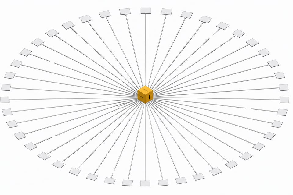 A central filtering cube governs a radiating ring of many identical query paths, some intact and some visibly severed, illustrating DNS-level tracker blocking.