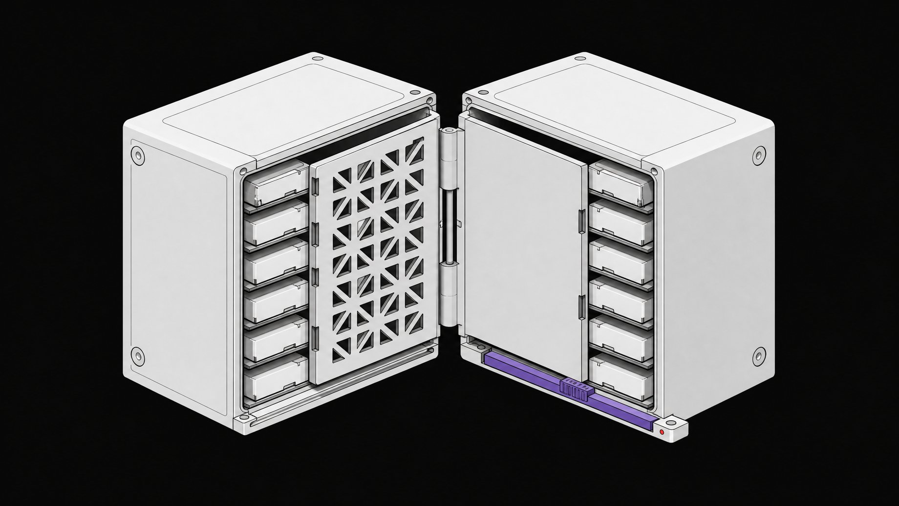 Cutaway diagram of a password-manager vault module with two interchangeable internal access panels and a sliding selector determining which one is active.