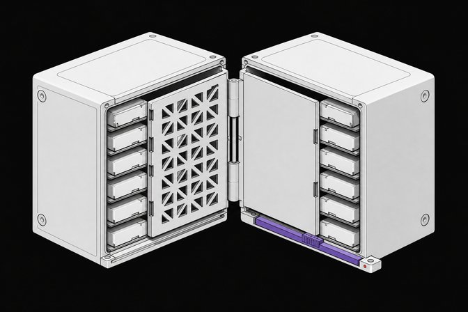 Cutaway diagram of a password-manager vault module with two interchangeable internal access panels and a sliding selector determining which one is active.