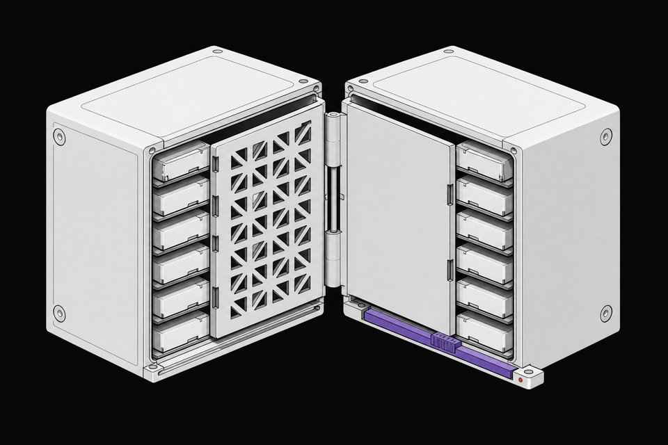 Cutaway diagram of a password-manager vault module with two interchangeable internal access panels and a sliding selector determining which one is active.
