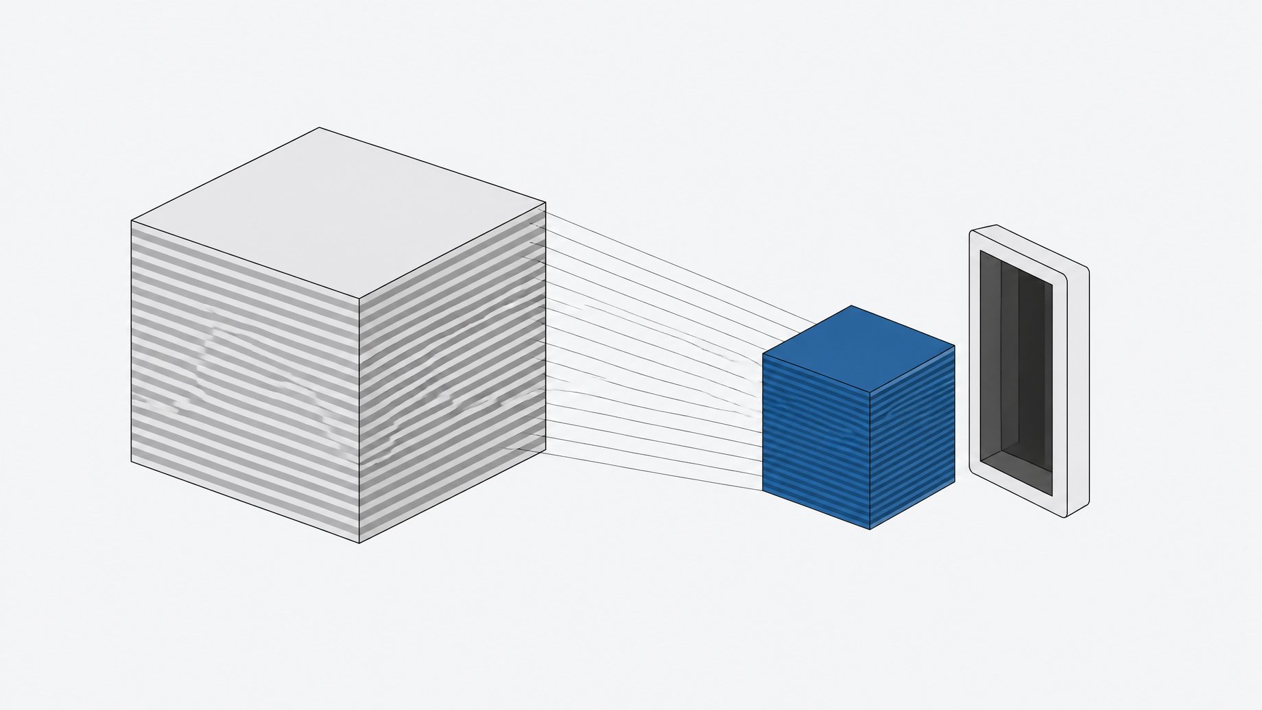 A large layered cube of data is shown compressed into a much smaller, denser cube that fits into a blank hardware slot, illustrating model quantization for local inference.