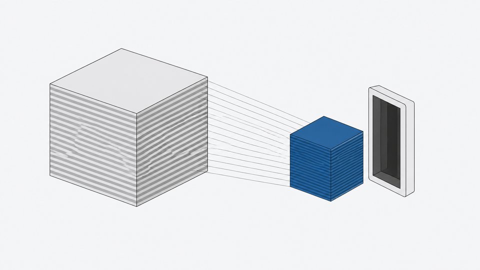 A large layered cube of data is shown compressed into a much smaller, denser cube that fits into a blank hardware slot, illustrating model quantization for local inference.