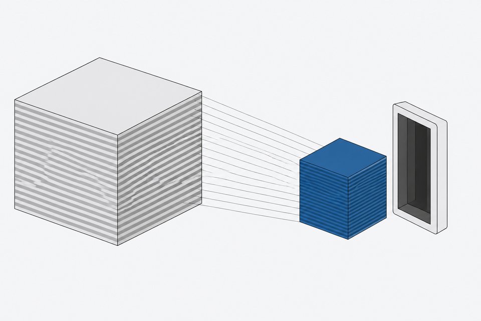 A large layered cube of data is shown compressed into a much smaller, denser cube that fits into a blank hardware slot, illustrating model quantization for local inference.