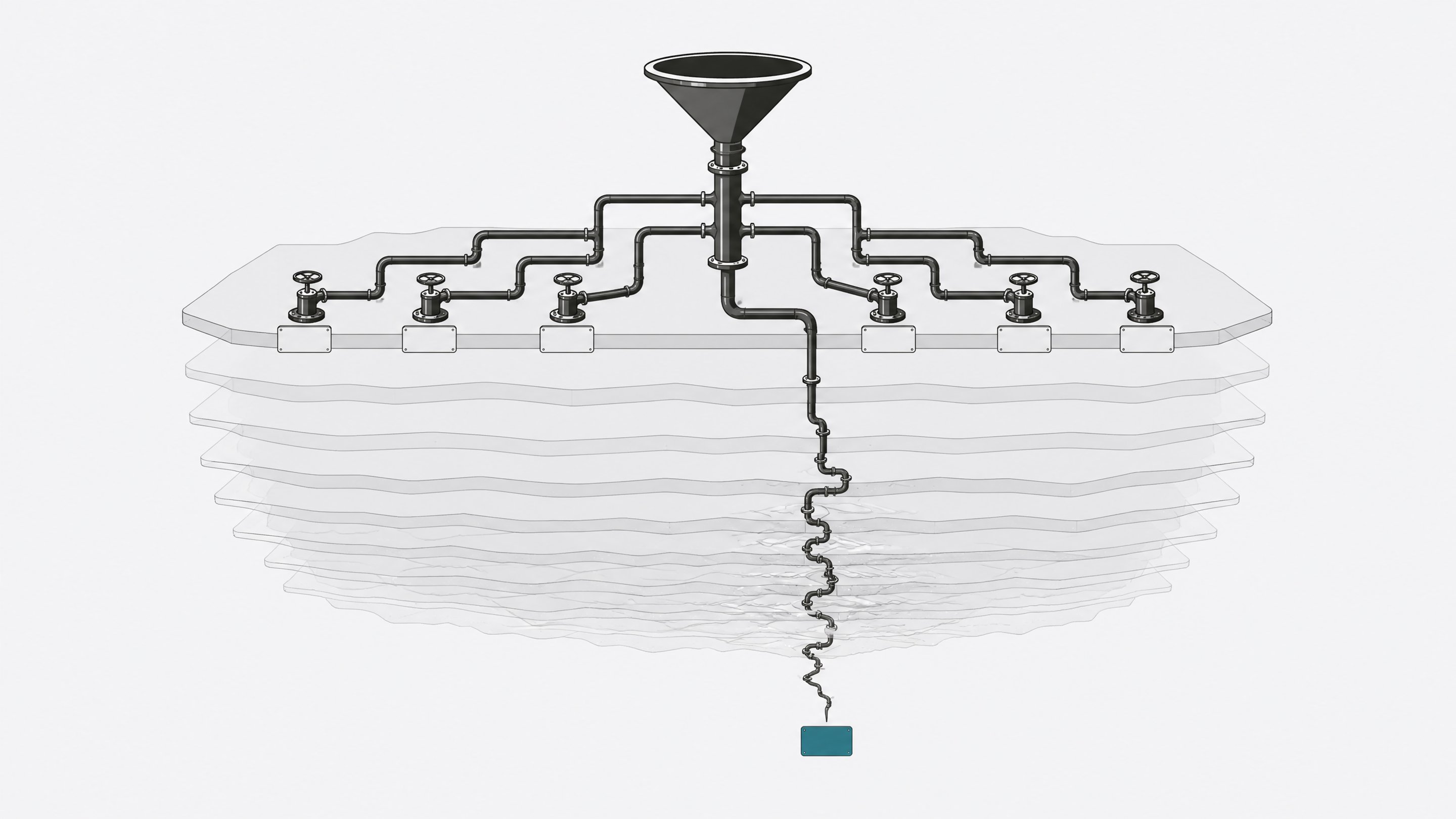 A branching pipe diagram where most branches resolve cleanly near the surface while one branch plunges deep and ends abruptly at an unconnected node, representing an incident-response path that runs out of understanding before reaching resolution.