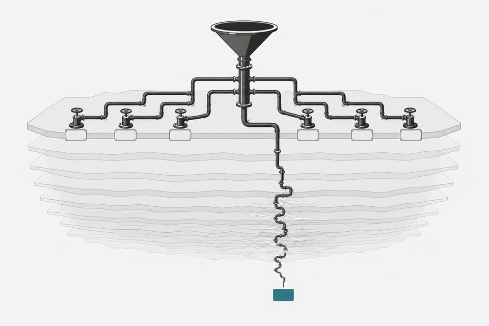 A branching pipe diagram where most branches resolve cleanly near the surface while one branch plunges deep and ends abruptly at an unconnected node, representing an incident-response path that runs out of understanding before reaching resolution.