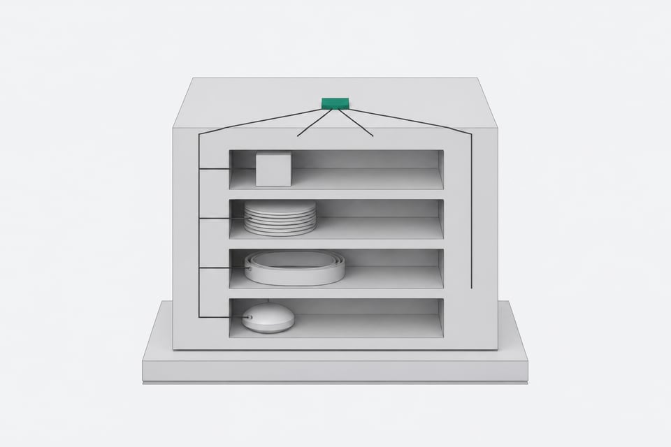 A single unified hardware module with four distinct function slots converging into one central processing node, representing a self-hosted stack combining compute, storage, background jobs, and local AI inference.