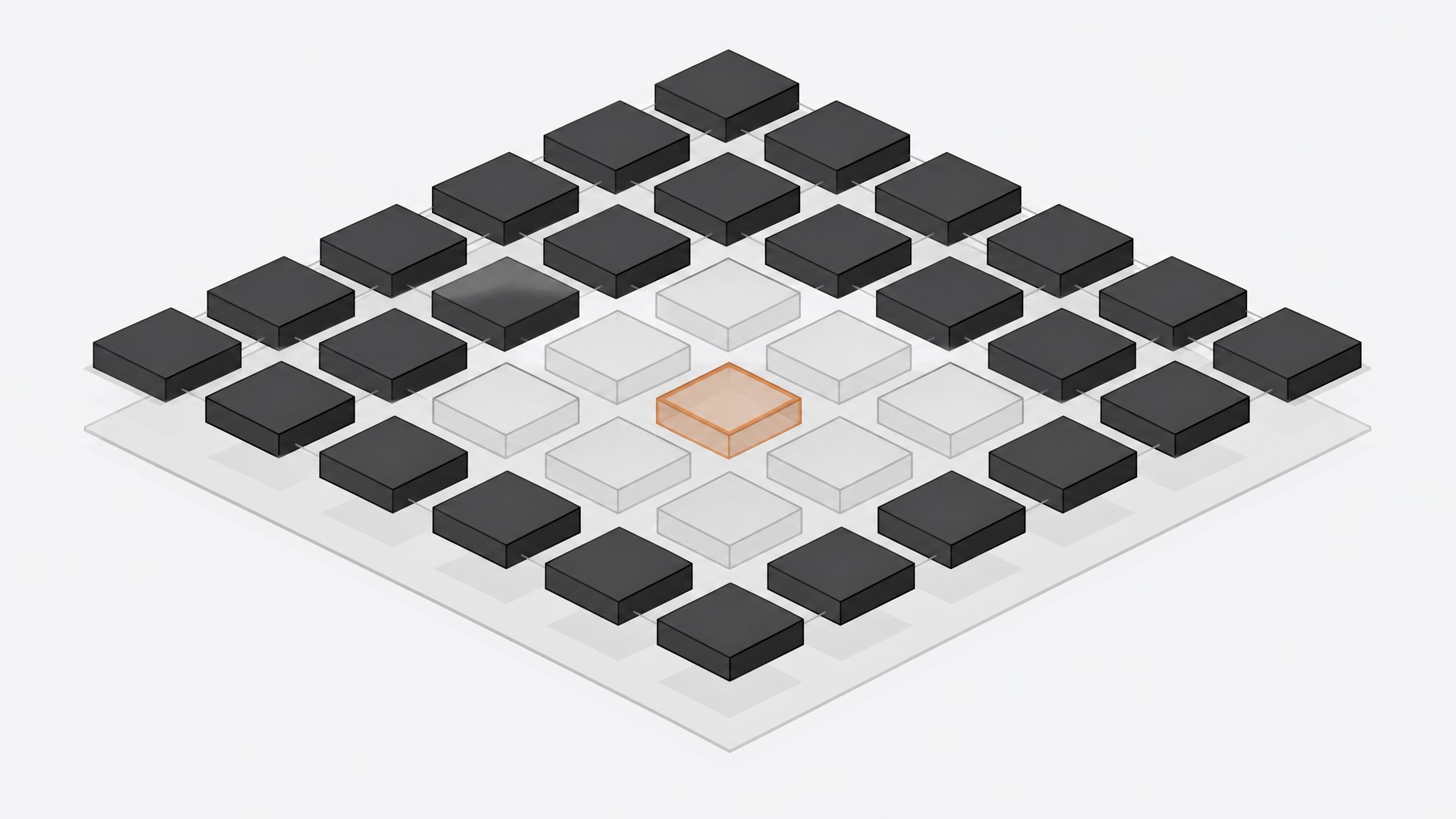 A grid of solid and hollow rectangular blocks represents active versus idle software subscription seats, with one hollow block highlighted in the accent color.