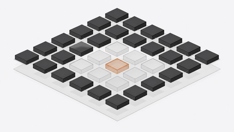 A grid of solid and hollow rectangular blocks represents active versus idle software subscription seats, with one hollow block highlighted in the accent color.