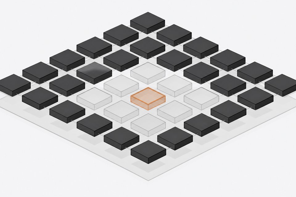 A grid of solid and hollow rectangular blocks represents active versus idle software subscription seats, with one hollow block highlighted in the accent color.