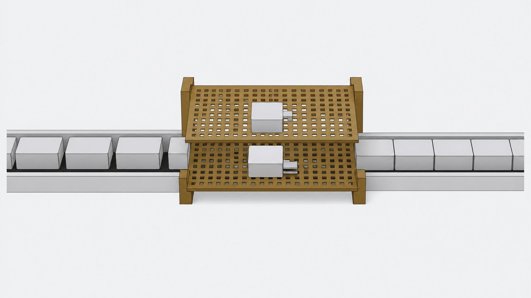A conveyor of uniform code-module blocks passing through a perforated two-screen gate that intercepts pieces with mismatched tabs or exposed fragments before they continue down a narrower, tidy output channel.