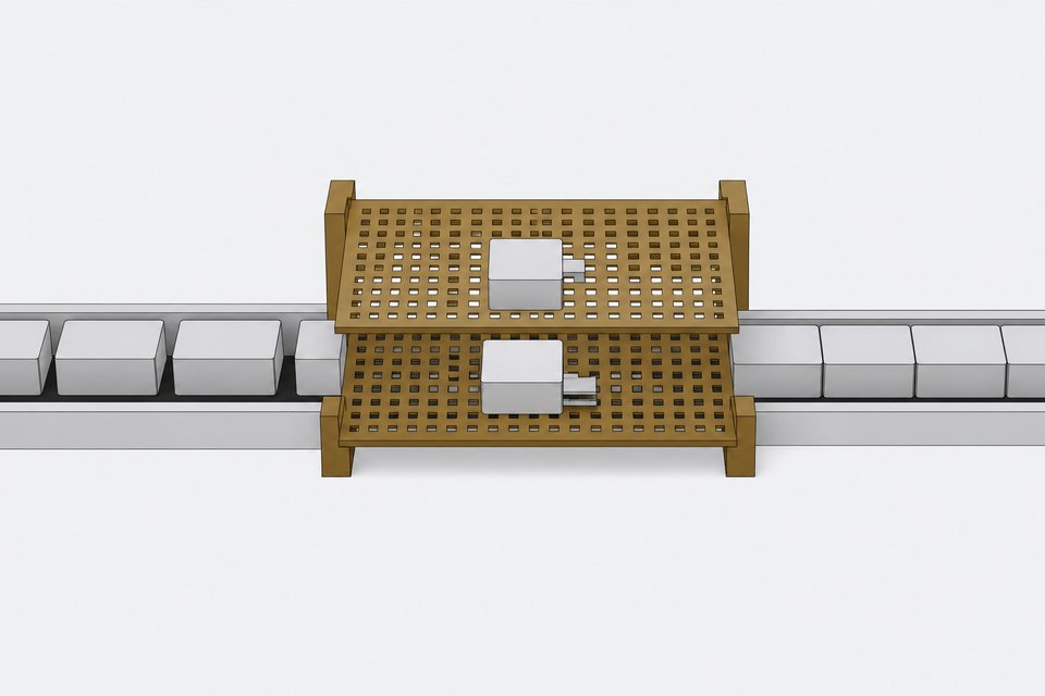A conveyor of uniform code-module blocks passing through a perforated two-screen gate that intercepts pieces with mismatched tabs or exposed fragments before they continue down a narrower, tidy output channel.