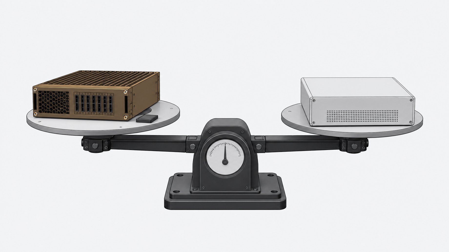 A precision balance scale weighing a rack-mounted GPU module against a sealed managed-service module, illustrating the cost comparison between self-hosted and enterprise AI.