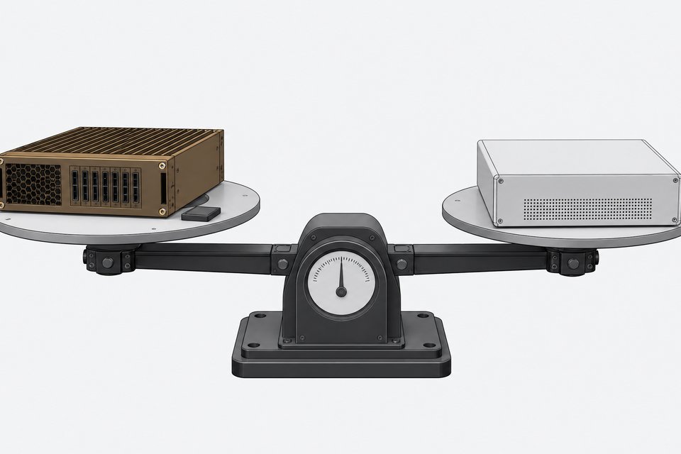 A precision balance scale weighing a rack-mounted GPU module against a sealed managed-service module, illustrating the cost comparison between self-hosted and enterprise AI.