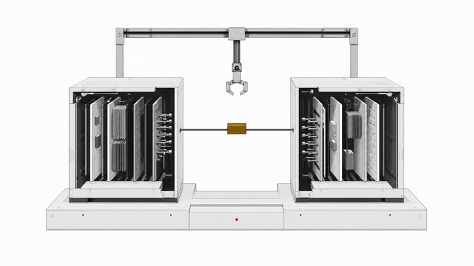 Two distinct modular computing towers with exposed internal card-stacks face each other across a shared connector token, illustrating a side-by-side comparison of two AI coding systems.