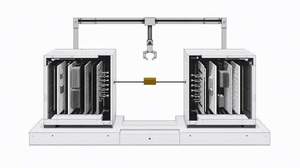 Two distinct modular computing towers with exposed internal card-stacks face each other across a shared connector token, illustrating a side-by-side comparison of two AI coding systems.