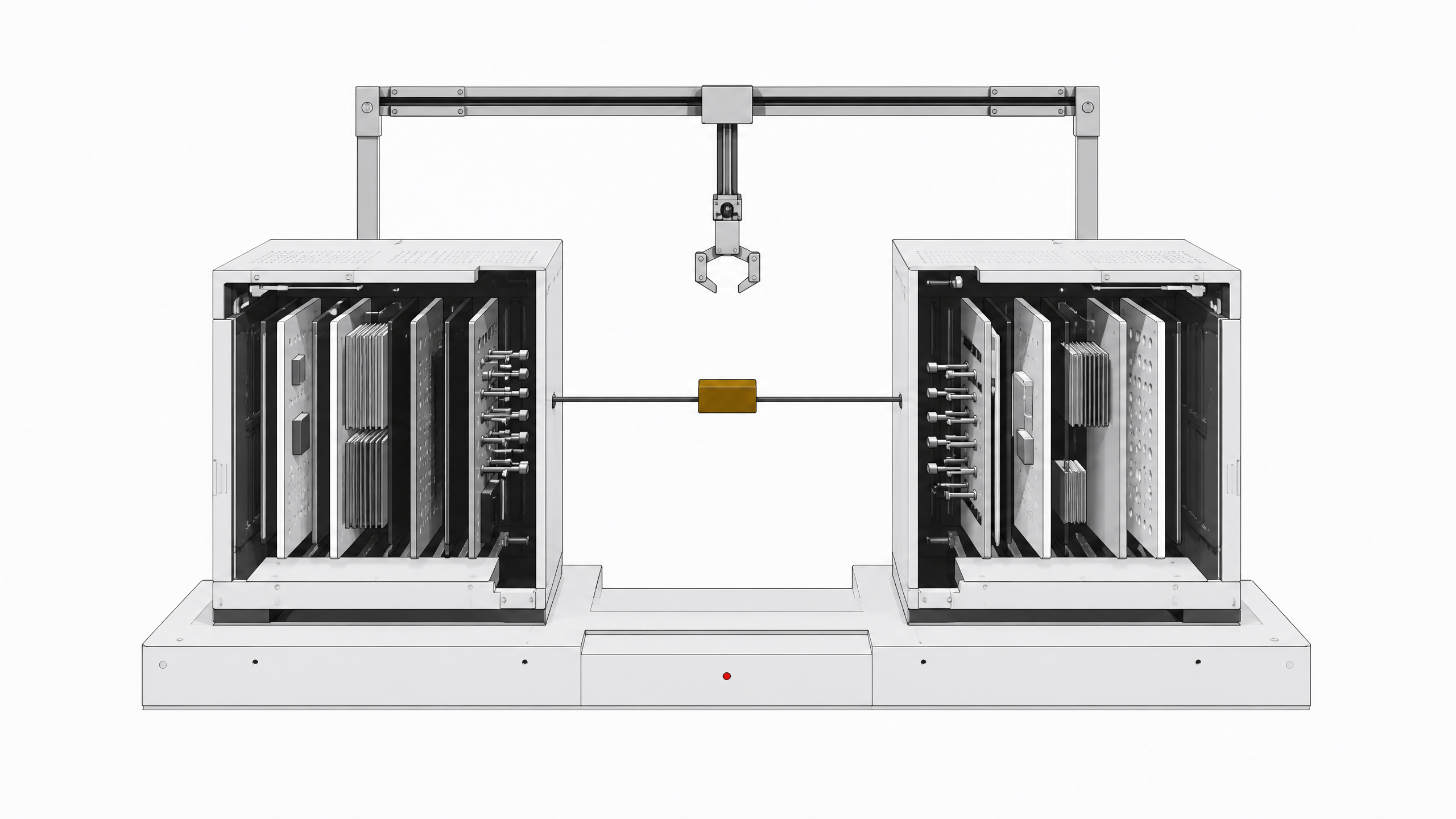 Two distinct modular computing towers with exposed internal card-stacks face each other across a shared connector token, illustrating a side-by-side comparison of two AI coding systems.