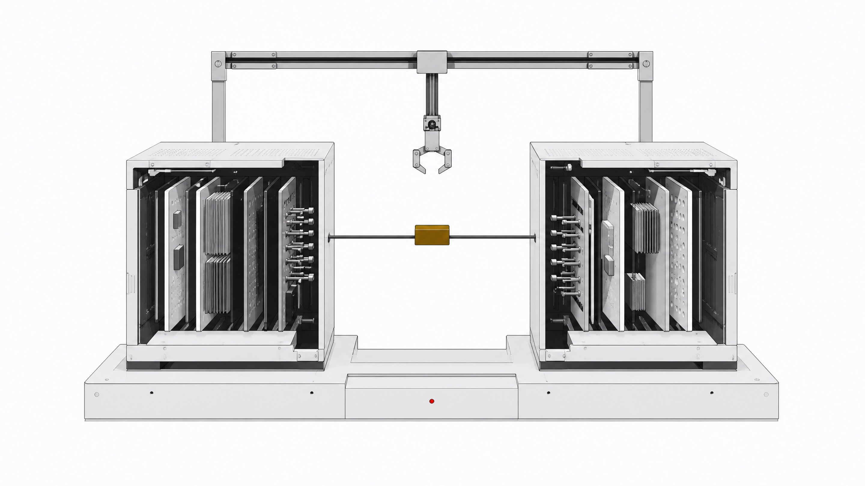 Two distinct modular computing towers with exposed internal card-stacks face each other across a shared connector token, illustrating a side-by-side comparison of two AI coding systems.