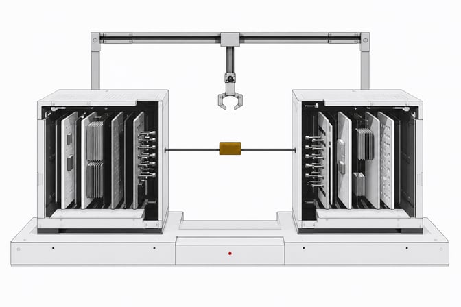 Two distinct modular computing towers with exposed internal card-stacks face each other across a shared connector token, illustrating a side-by-side comparison of two AI coding systems.