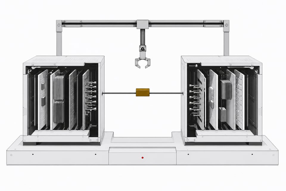 Two distinct modular computing towers with exposed internal card-stacks face each other across a shared connector token, illustrating a side-by-side comparison of two AI coding systems.