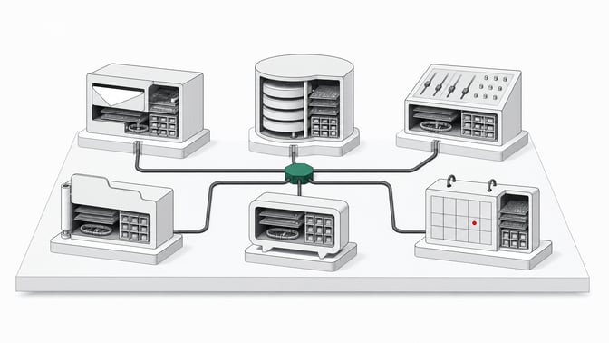 A grid of six distinct modular hardware blocks, each a cutaway resembling a different hosted-service function, wired together by a single conduit to a central hub.