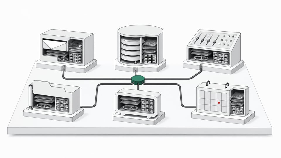 A grid of six distinct modular hardware blocks, each a cutaway resembling a different hosted-service function, wired together by a single conduit to a central hub.