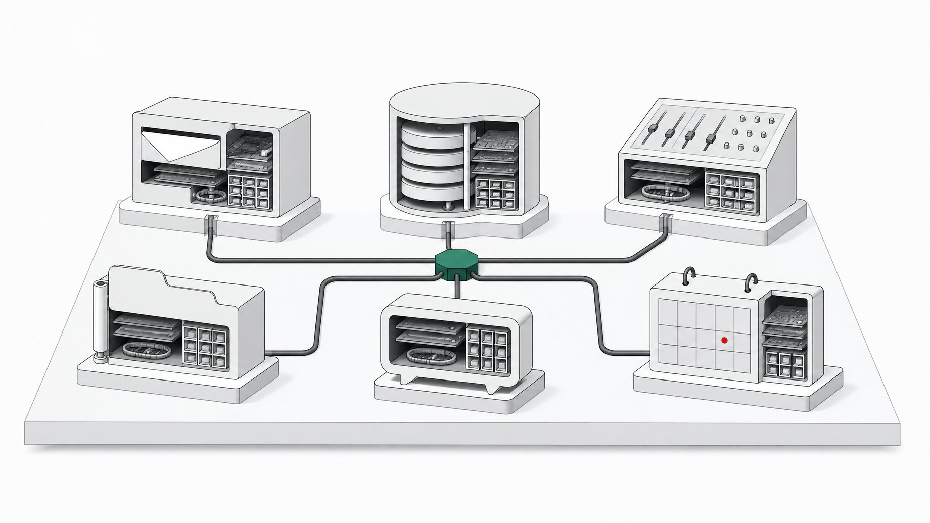 A grid of six distinct modular hardware blocks, each a cutaway resembling a different hosted-service function, wired together by a single conduit to a central hub.