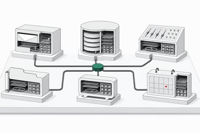 A grid of six distinct modular hardware blocks, each a cutaway resembling a different hosted-service function, wired together by a single conduit to a central hub.