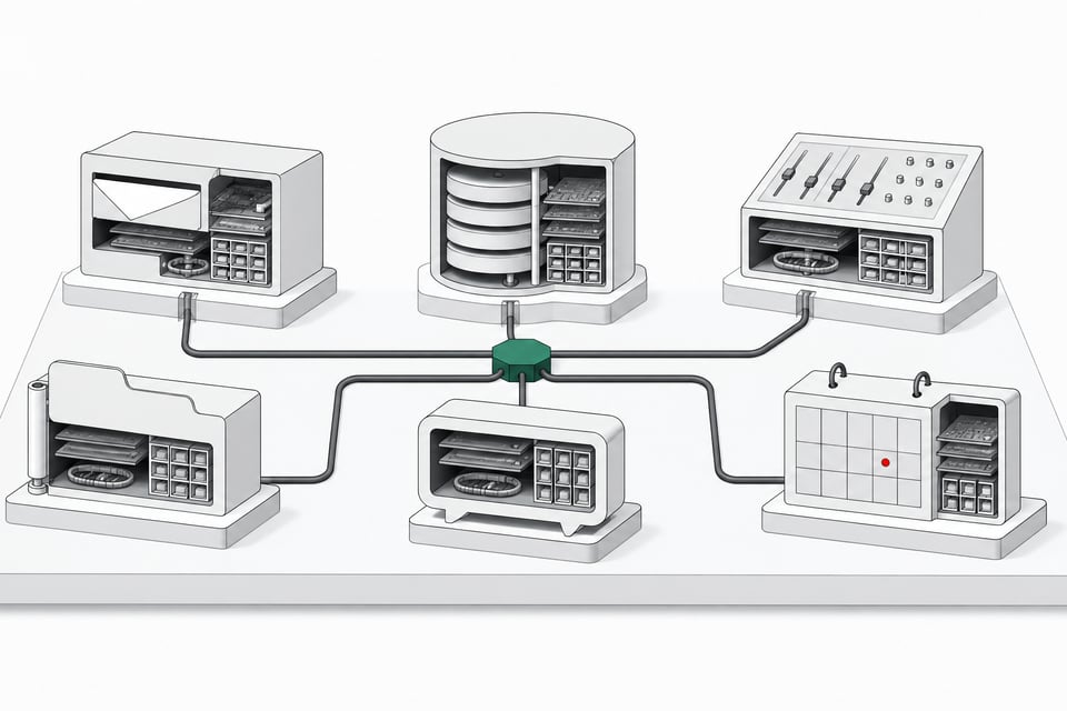 A grid of six distinct modular hardware blocks, each a cutaway resembling a different hosted-service function, wired together by a single conduit to a central hub.