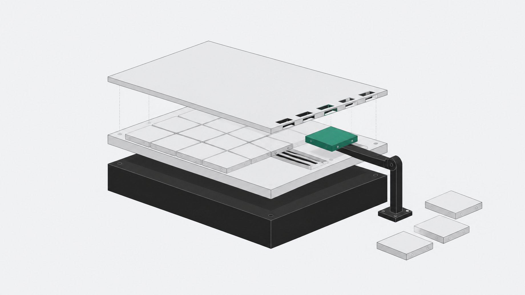 Illustration of a modular operating-system stack with one component tile in transit between layers, representing a customizable Linux desktop environment.