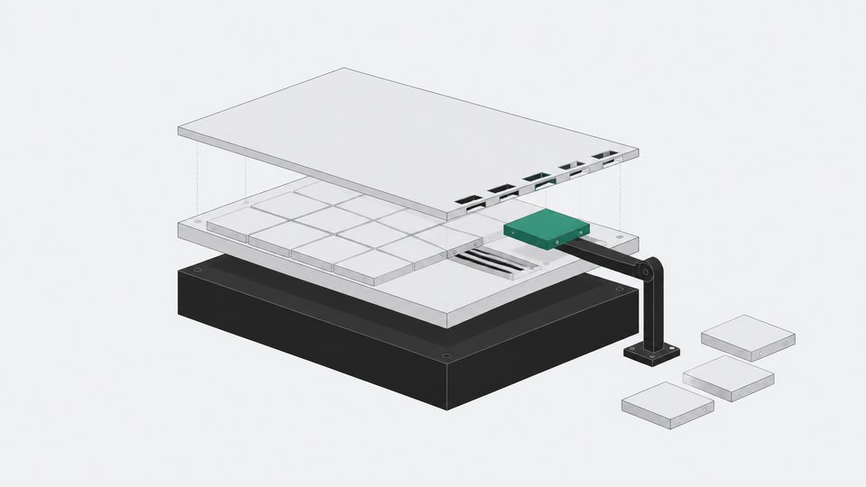 Illustration of a modular operating-system stack with one component tile in transit between layers, representing a customizable Linux desktop environment.