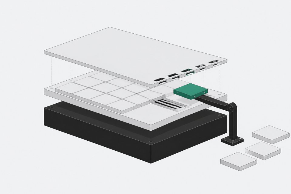 Illustration of a modular operating-system stack with one component tile in transit between layers, representing a customizable Linux desktop environment.