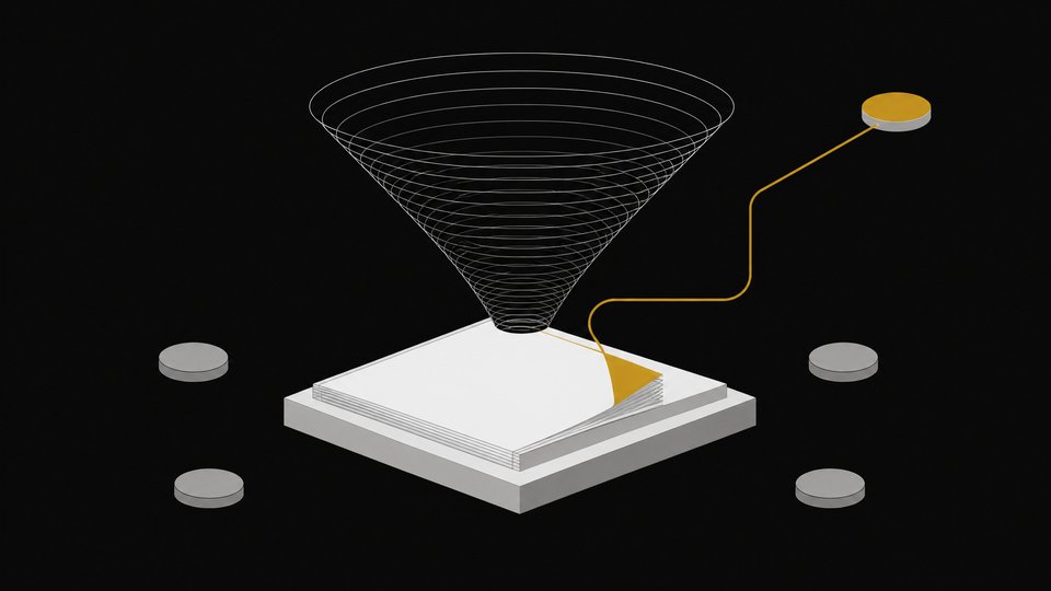 A tax document feeding into a funnel-shaped data pipeline that channels its information through a conduit toward a distant external node, illustrating what happens to a scanned tax form after it's uploaded to an AI system.