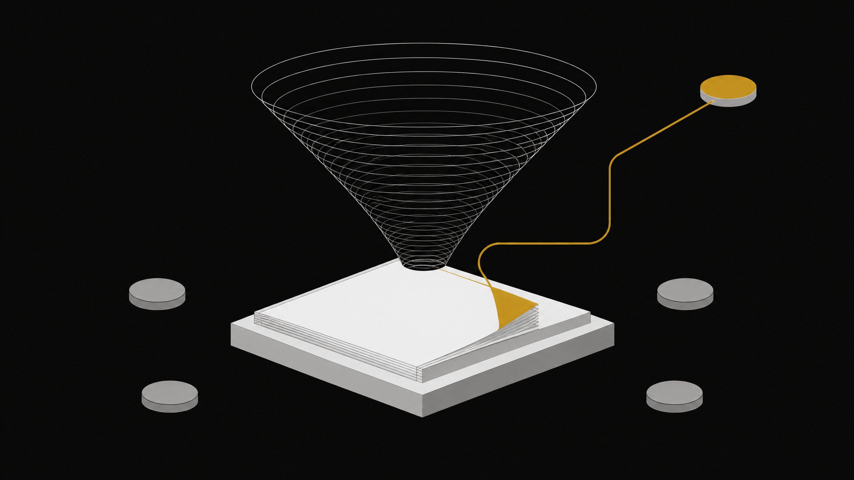 A tax document feeding into a funnel-shaped data pipeline that channels its information through a conduit toward a distant external node, illustrating what happens to a scanned tax form after it's uploaded to an AI system.