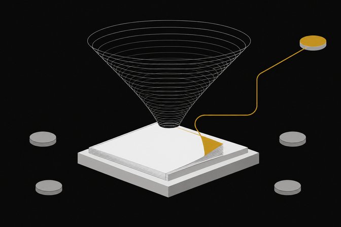 A tax document feeding into a funnel-shaped data pipeline that channels its information through a conduit toward a distant external node, illustrating what happens to a scanned tax form after it's uploaded to an AI system.