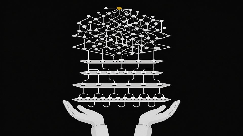 Diagram of a layered system with calm, open hands at a sparse lower tier of looped automation nodes, while a denser, highly branched upper lattice of connections shows load shifted upward, with one accent-colored node marking the point of greatest convergence.