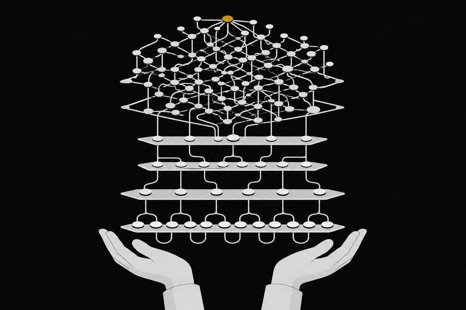 Diagram of a layered system with calm, open hands at a sparse lower tier of looped automation nodes, while a denser, highly branched upper lattice of connections shows load shifted upward, with one accent-colored node marking the point of greatest convergence.