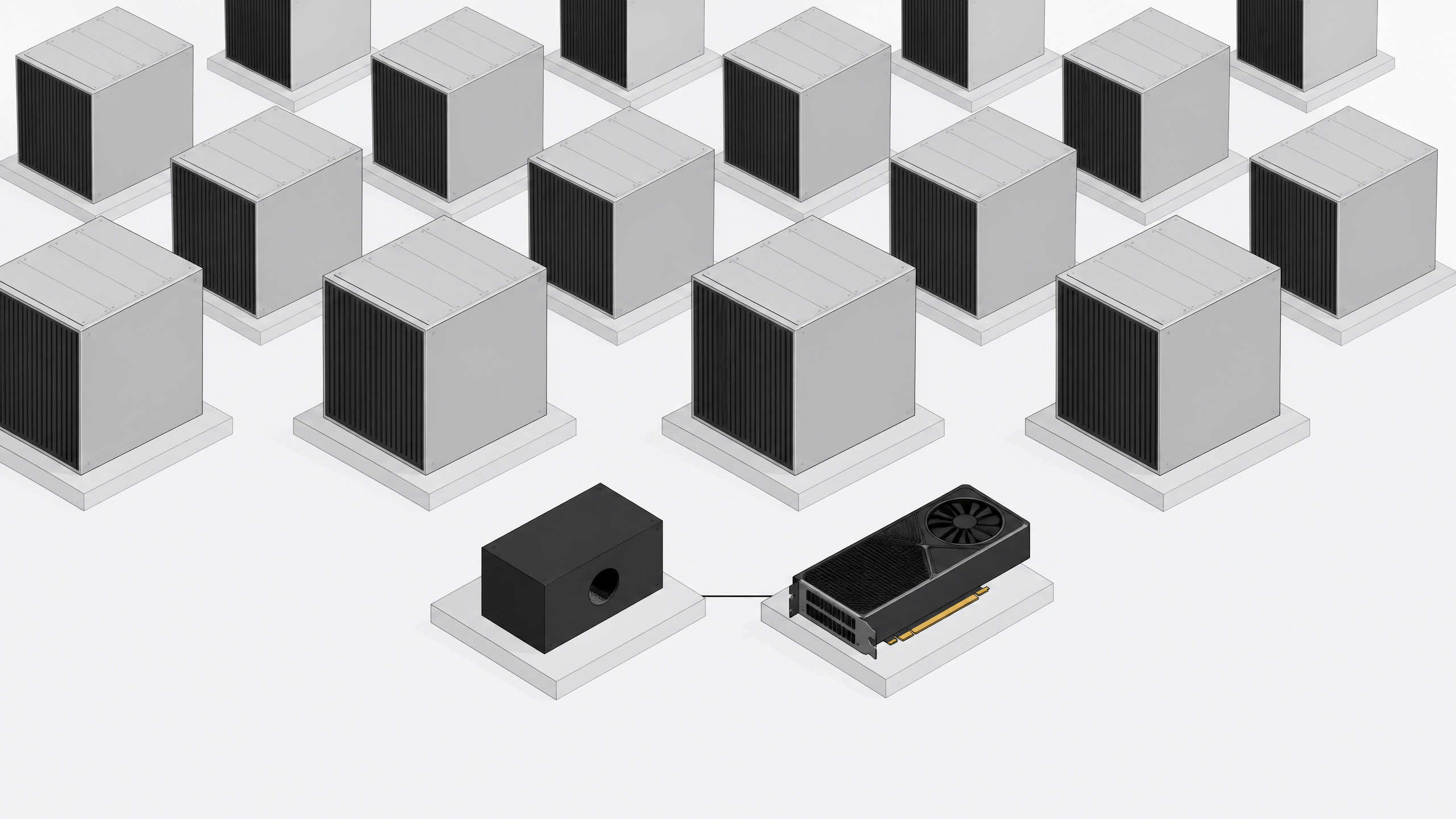 A single compressed AI model block paired one-to-one with a single graphics card, contrasted against a grid of larger, bulkier equivalents in the background.