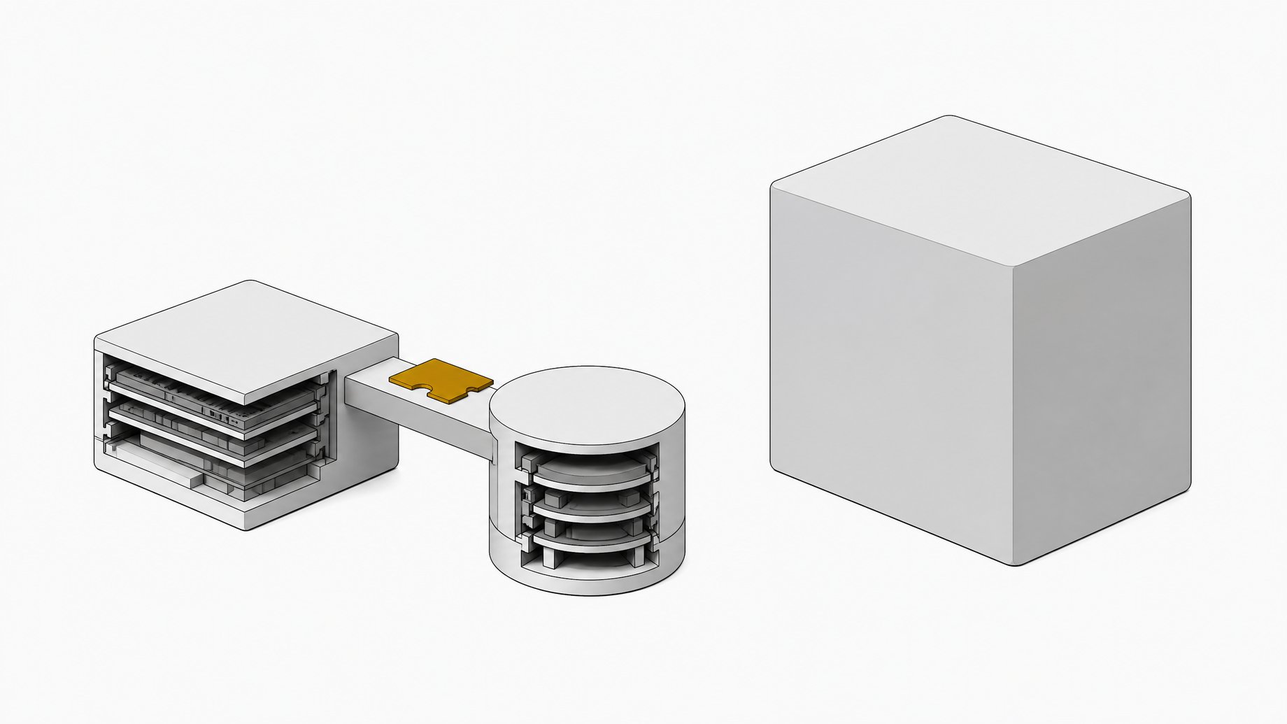 A small modular compute-and-storage assembly with a visible internal cross-section and a single ticket-shaped token at its junction, shown beside a larger sealed, seamless monolithic box for comparison.