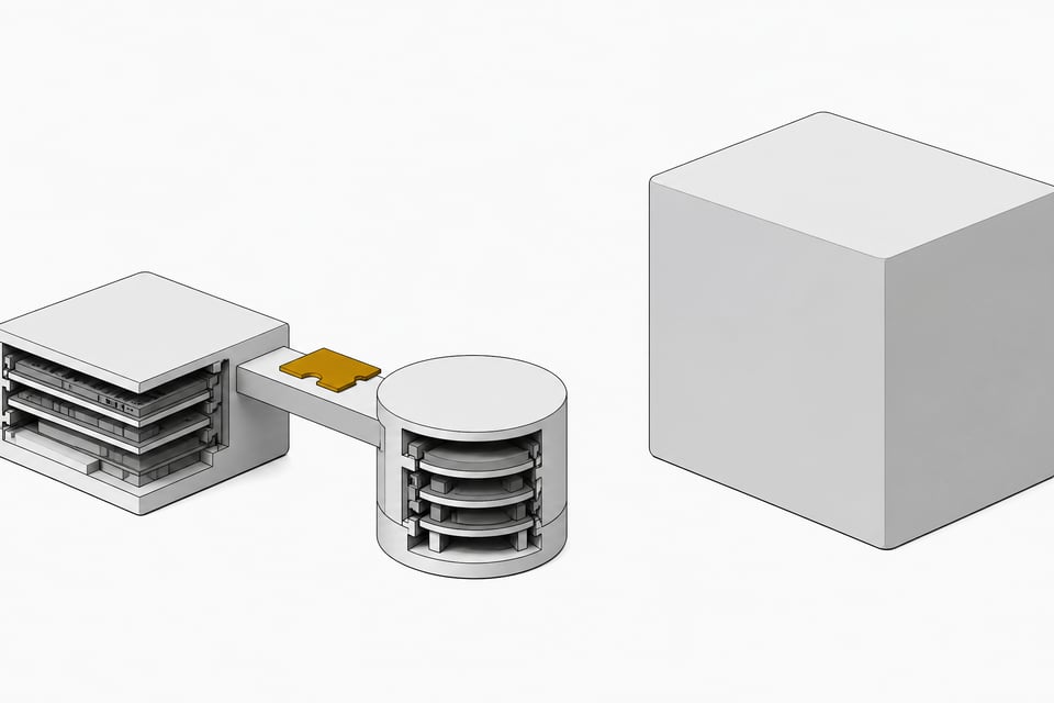 A small modular compute-and-storage assembly with a visible internal cross-section and a single ticket-shaped token at its junction, shown beside a larger sealed, seamless monolithic box for comparison.
