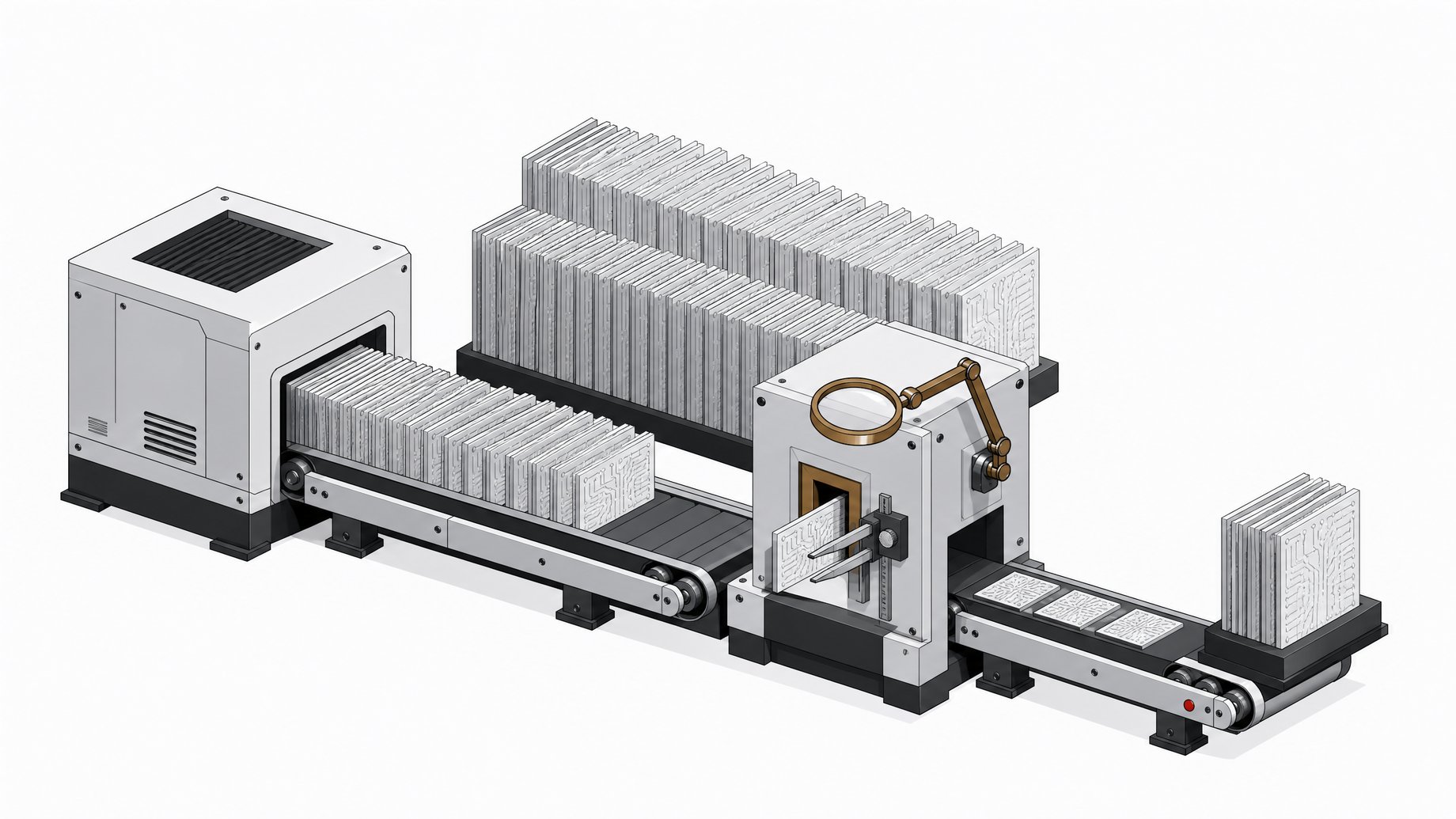 An exploded diagram of a production line where a fast generator produces a large stack of unverified logic panels that bottleneck at a narrow, accent-colored inspection gate.