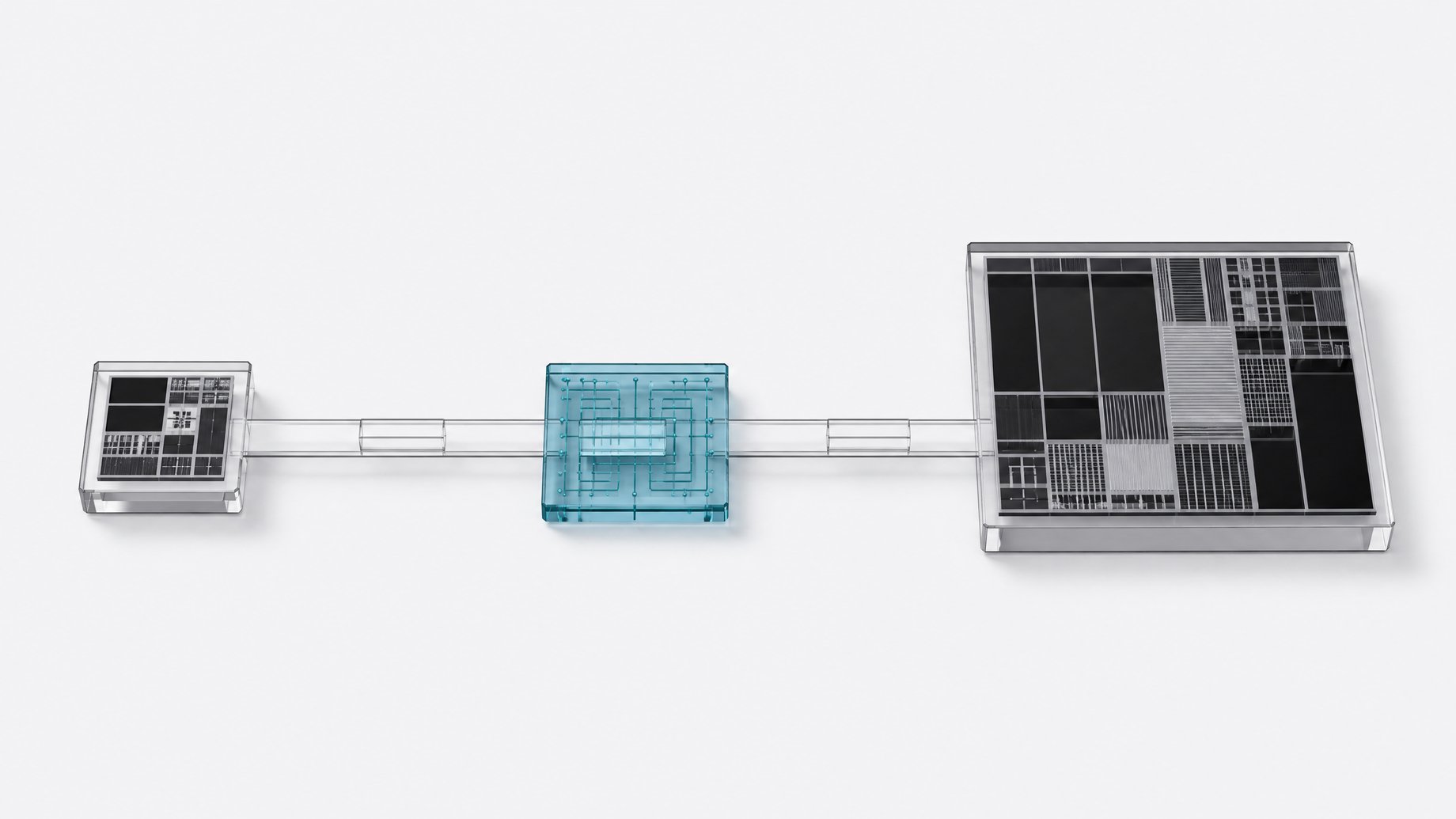 An unmodified compute instruction block passes through a translation interposer plate to run unchanged on a differently architected processor die, illustrating cross-hardware compatibility.