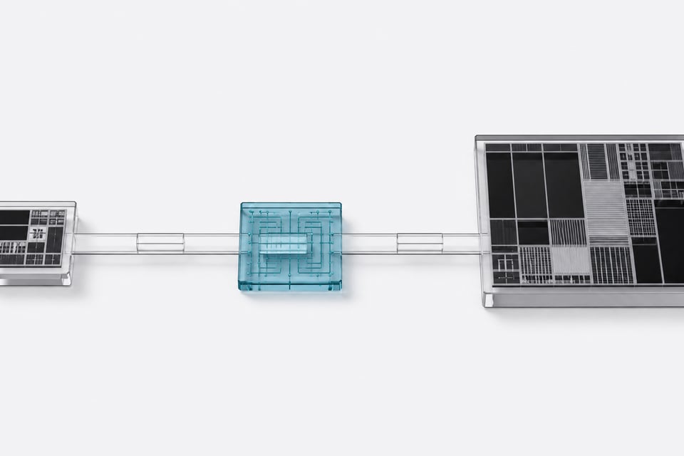 An unmodified compute instruction block passes through a translation interposer plate to run unchanged on a differently architected processor die, illustrating cross-hardware compatibility.
