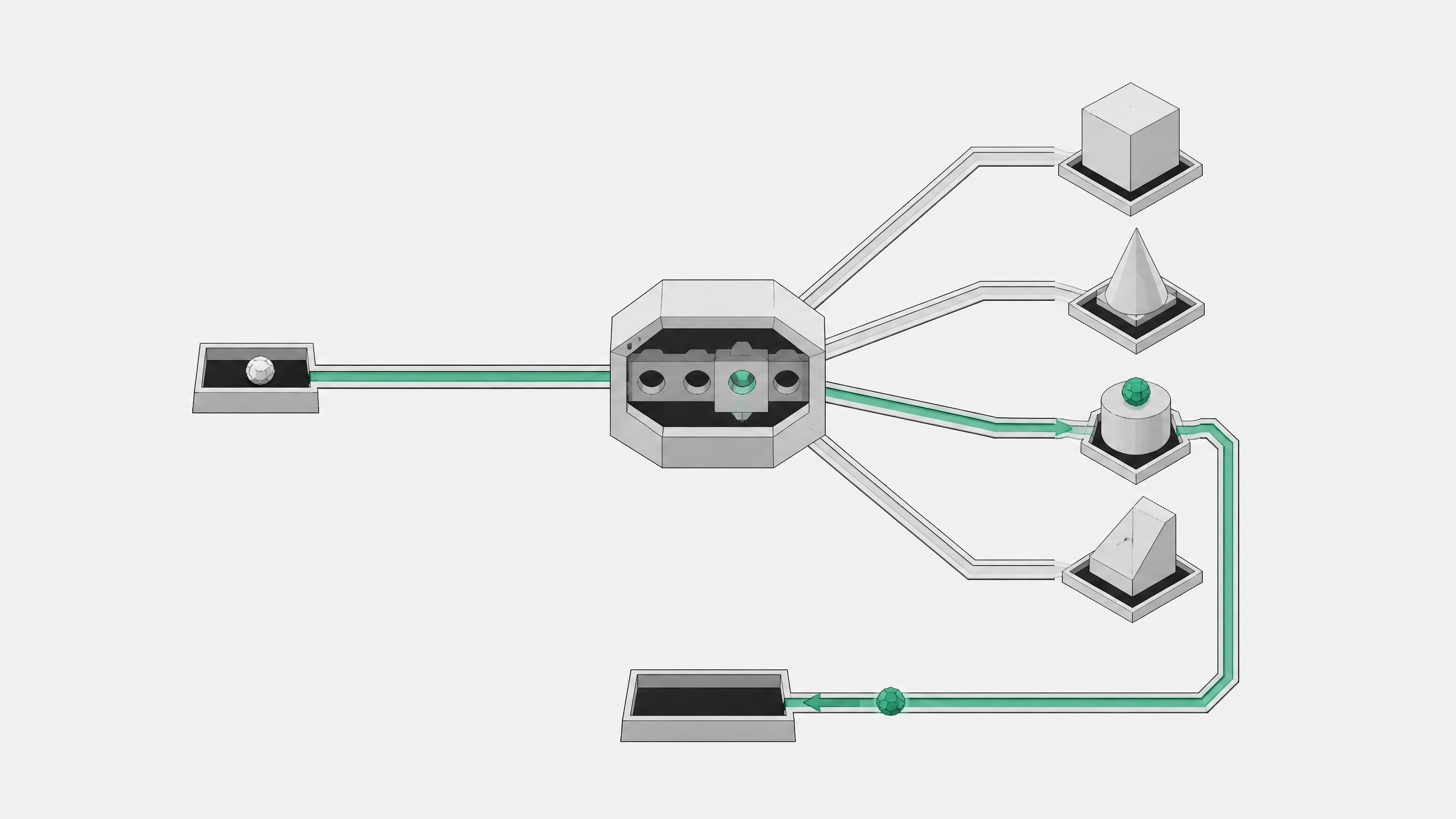 Diagram-like illustration of a central routing hub selecting one active pathway among several model endpoints for an incoming query.