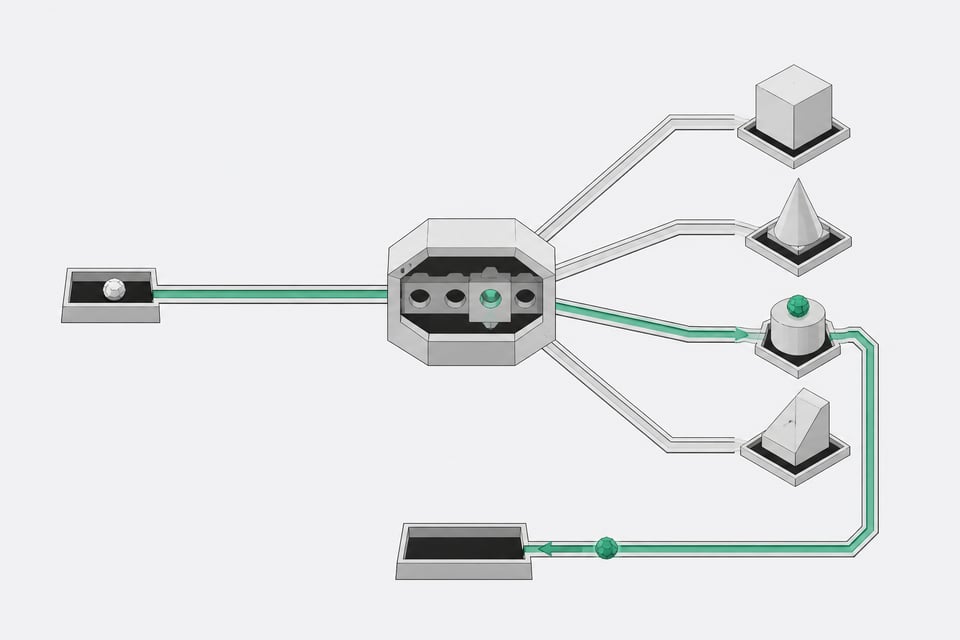 Diagram-like illustration of a central routing hub selecting one active pathway among several model endpoints for an incoming query.
