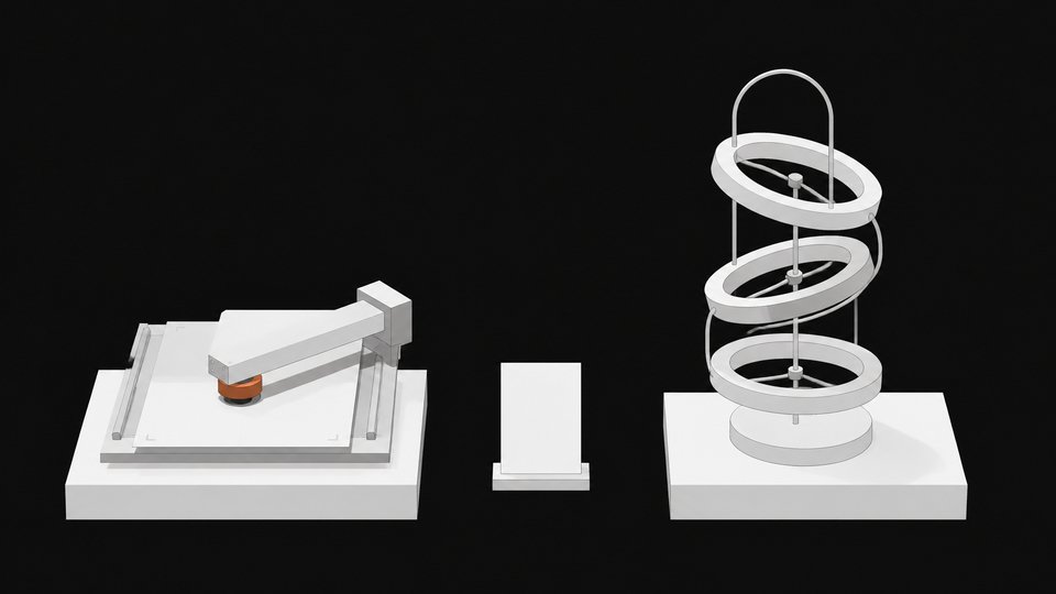 Side-by-side diagram contrasting a flatbed document-scanning mechanism with a continuously rotating multi-ring agent module, linked by a shared blank nameplate between them.