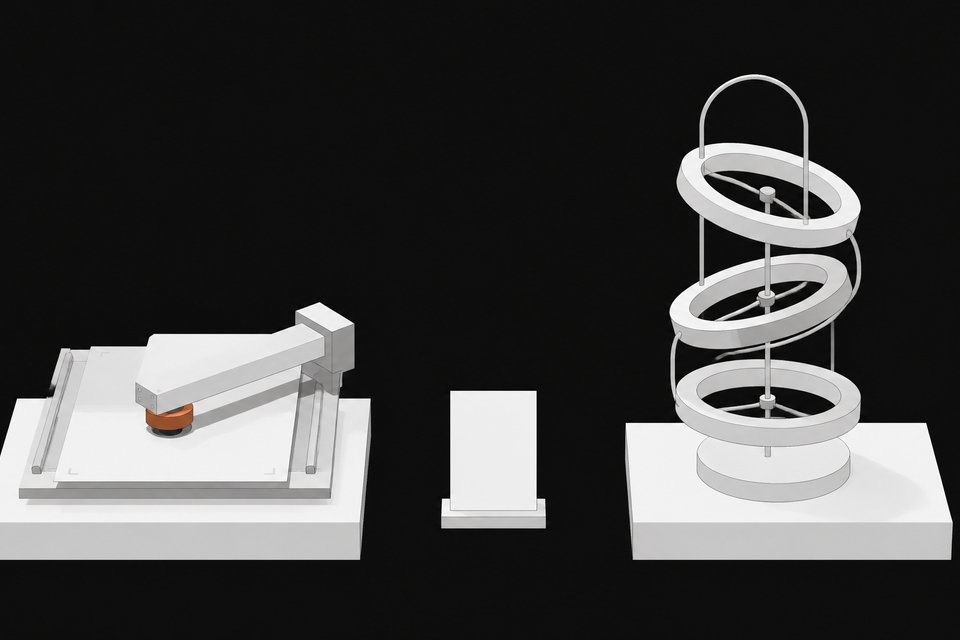 Side-by-side diagram contrasting a flatbed document-scanning mechanism with a continuously rotating multi-ring agent module, linked by a shared blank nameplate between them.