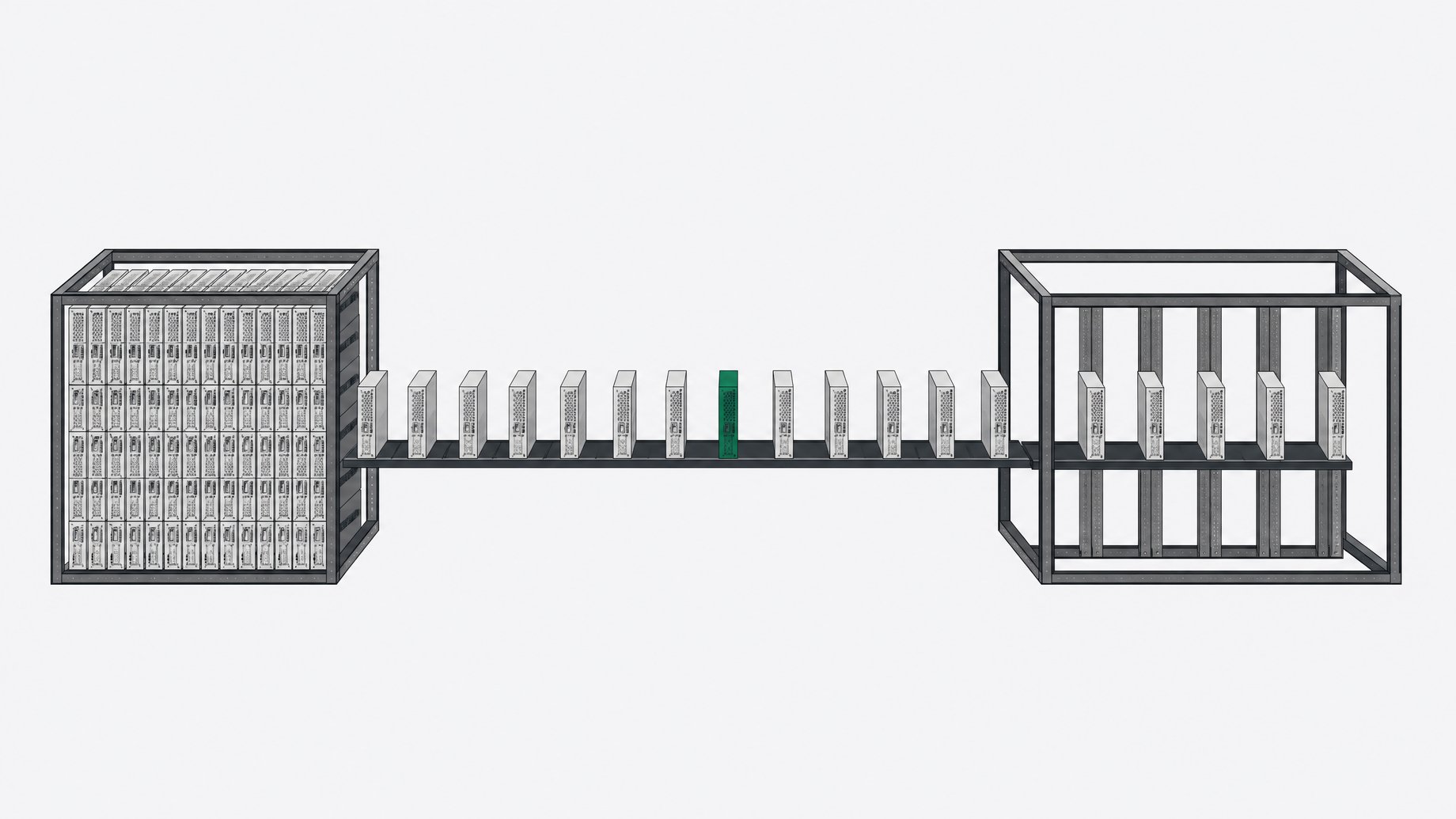 Server blade modules migrating in an orderly line from a densely packed rack to a more sparsely populated destination rack, illustrating workload migration off a virtualization platform.