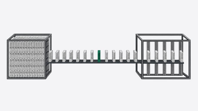 Server blade modules migrating in an orderly line from a densely packed rack to a more sparsely populated destination rack, illustrating workload migration off a virtualization platform.