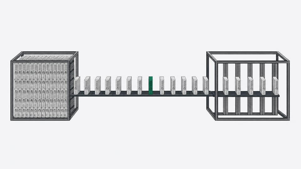 Server blade modules migrating in an orderly line from a densely packed rack to a more sparsely populated destination rack, illustrating workload migration off a virtualization platform.